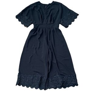 Entro Black Rayon Cropped Wide Leg V-Neck Casual Jumpsuit with Lace Trim